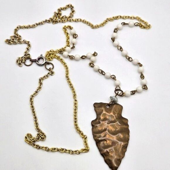 Vintage Brass Arrowhead Pendant White Acrylic Beads on Goldtone Chain Necklace - Picture 1 of 5